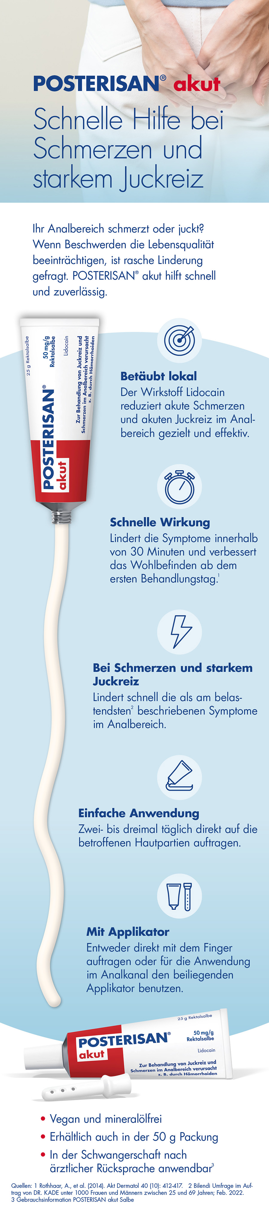 Posterisan akut Rektalsalbe. Schnelle Hilfe bei Schmerzen und starkem Juckreiz. Lokale Betäubung, Schnelle Wirkung, Bei Schmerzen und starkem Juckreiz, Einfache Anwendung, Mit Applikator.
